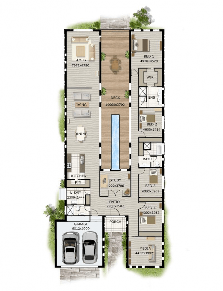 Modern-Narrow-Block-House-Designs-Floor-Plan-Four-Bedrooms