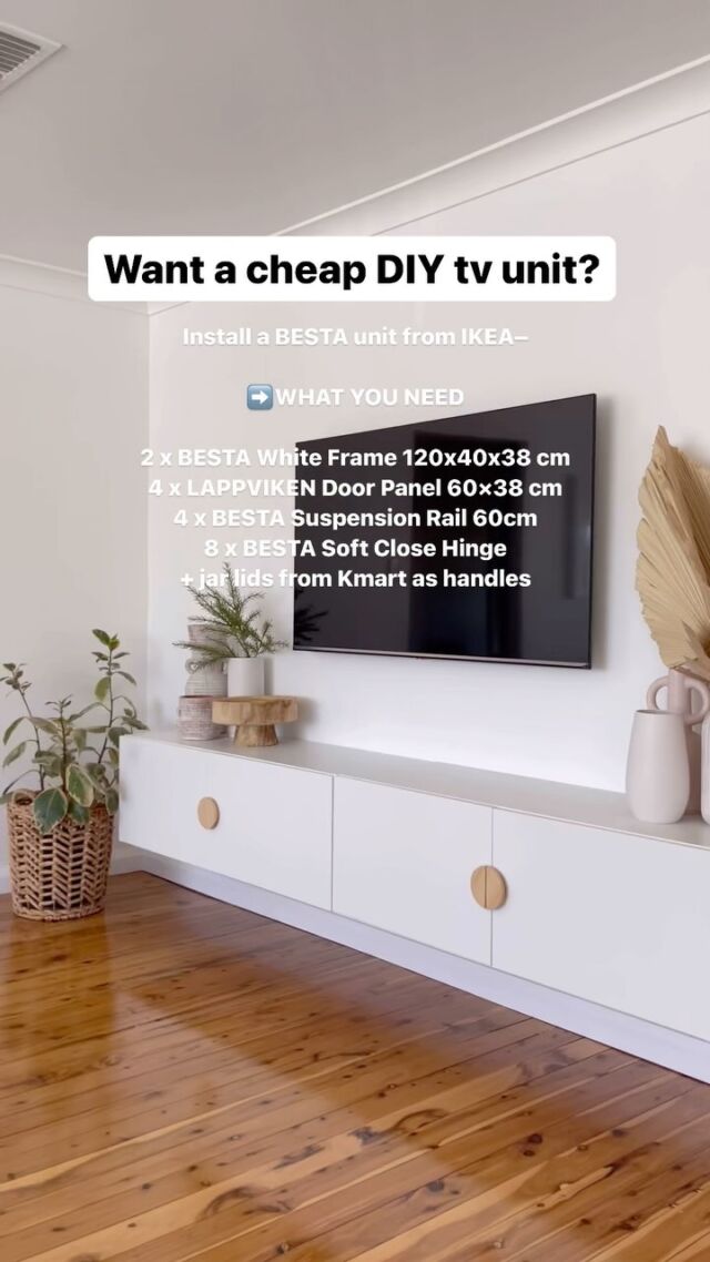 I’ve got two of these! They’re so cheap, easy to install, and have a simple look.

If you want to install a BESTA unit from IKEA –

➡️WHAT YOU NEED

2 x BESTA White Frame 120x40x38 cm
4 x LAPPVIKEN Door Panel 60×38 cm
4 x BESTA Suspension Rail 60cm
8 x BESTA Soft Close Hinge

Then to finish it off grab some $4 Kmart jar lids, cut in half (it’s easy to mark centre when you trace and fold a piece of paper in half), then super glue them on! Attached some LED battery operated lights underneath and done ✅