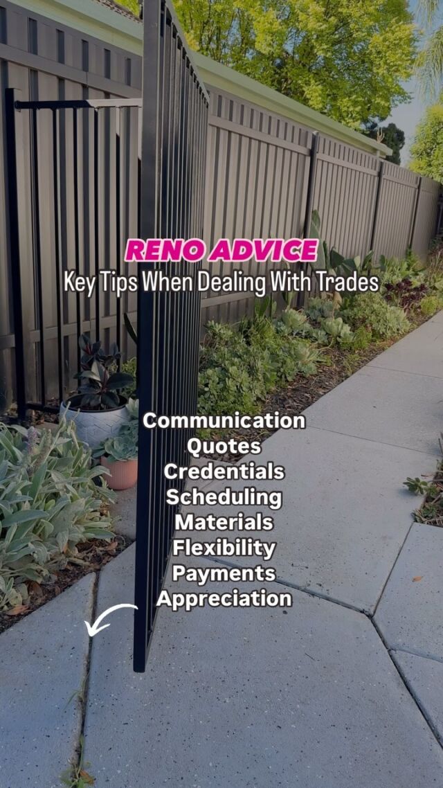 Dealing with trades can feel overwhelming, especially if you’re new to it. Remember, there’s no such thing as a dumb question—they’ve heard them all!

Key Tips:

- Communication: Be clear about your plans and expectations. Regularly discuss progress and be open to their suggestions.
 
- Quotes: Get multiple quotes to understand the average cost and make informed decisions.

- References and Credentials: Check their licences, insurance, and experience.

- Scheduling: Plan when each trade will be needed and coordinate their work to avoid downtime.

- Materials: Have all materials ready before they start to prevent delays.

- Flexibility: Be prepared for unforeseen changes and adapt as needed.

- Payments: Pay promptly to maintain good relationships.

- Appreciation: A simple thank you can go a long way in fostering a positive atmosphere.

Want to learn more renovating tips? Watch my free webinar and learn about my online course. Comment with the word JOIN and I’ll send details!